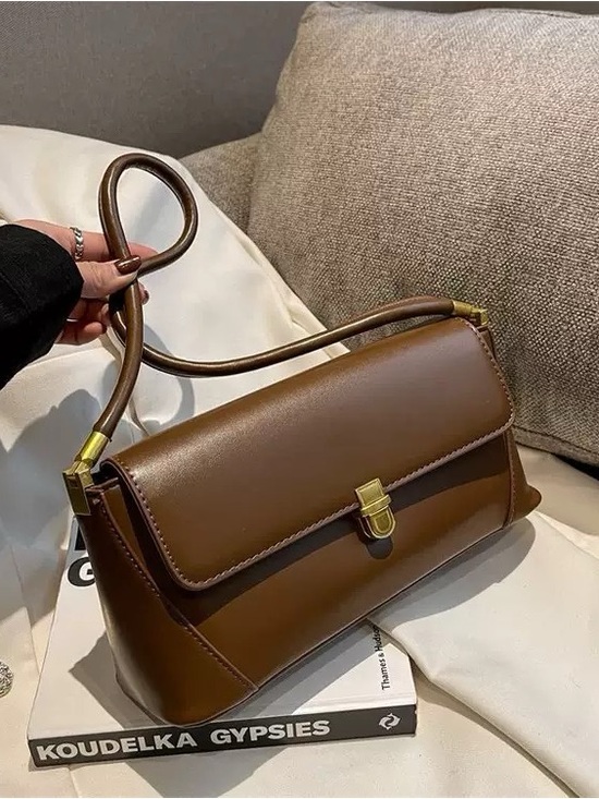 Handbags - Structured Brown Leather Shoulder Bag with Gold-Tone Clasp